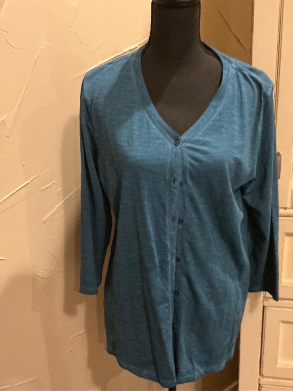LOGO by Lori Goldstein Teal Button-Down V-Neck Top